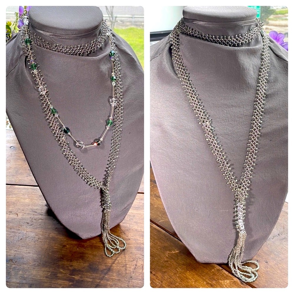 GLASS Beaded Vintage Double Necklace Set, Longline Woven, Crystal Midline